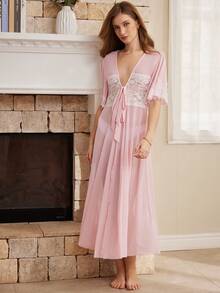 Moireta Women's Mature French Elegant Sexy Contrast Color Lace Patchwork Sheer Mesh Robe - Pink - View 3