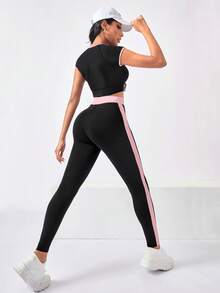 SHEIN Rhythm Era 2件組休閒百搭大尺碼拉鍊設計字母印花修身褲運動套裝 - 彩色 - 查看 2