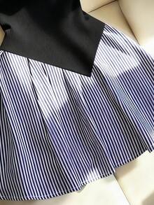 Franclia 女士优雅蓝条纹衬衫领拼接黑色罗纹腰A字迷你连衣裙，夏季连衣裙，女士夏季套装，派对连衣裙，优雅派对连衣裙，沙滩连衣裙，婚礼宾客连衣裙，毕业典礼连衣裙，女士优雅连衣裙，女士休闲连衣裙，女士度假套装，正式连衣裙，社交连衣裙，Y2K风格，女士通勤套装，女士办公室套装，喇叭裙，黑色连衣裙，条纹拼接，短袖连衣裙，修身连衣裙，弹力修身，时尚百搭 - 黑色 - 查看 4