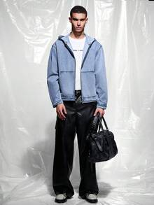 IRON GLYPH Men's Long Sleeve Casual Loose Fit Zip-Up Hooded Denim Jacket, Autumn Men Denim Hoodie Jacket Couples Boyfriend & Husband Washed Blue For Hooded Going Out Denim Hoodies Men Jackets For Men Hoodie - Light Wash - View 3