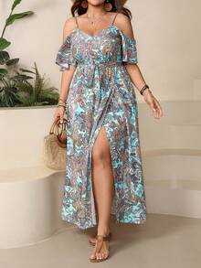 Comfylo Plus Size Open Shoulder Short Sleeve Holiday Dress - Multicolor - View 3