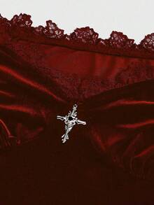ROMWE Spring/Summer Red Gothic Style Off Shoulder Lace Flare Sleeve Velvet Fitted Blouse For Women - Burgundy - View 3