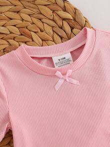 Baby Girl Infant Spring/Summer Korean Style Ribbed Short Sleeve Top And Pants Set With Bow Design, Snug Fit - Pink - View 3