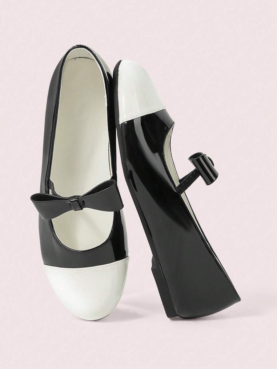 CUCCOO DOLLMOD Women's Shoes, Black And White Contrasting Glossy Texture, Bow Ballet Flats, Round Toe Comfortable Mary Jane Shoes, Soft Foot Flat Shoes For Daily Wedding Parties - Black and White - View 1