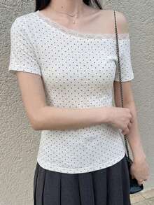 Dazy Tall 高個女性休閒波點與蕾絲拼接長袖T恤可愛上衣 - 黑與白 - 查看 3