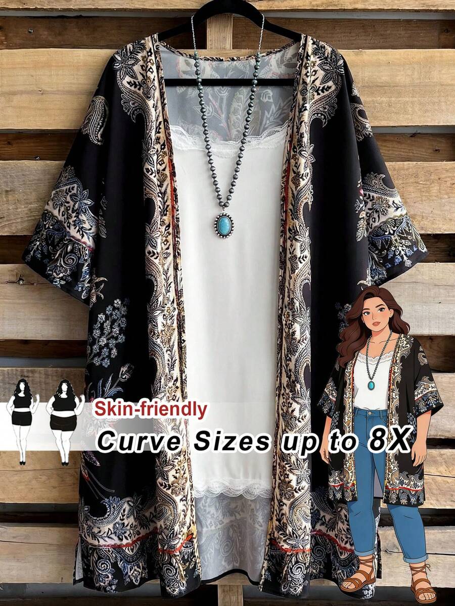 SHEIN CURVE+ Áo Kimono họa tiết hoa trang trí phong cách thường ngày size lớn - Nhiều màu - Xem 1