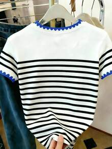 Elladie kids Áo thun ngắn tay cổ tròn cho bé gái, sọc đen trắng với thiết kế trái tim ren hoa màu xanh, phù hợp cho hoạt động ngoài trời, mùa xuân, mùa hè, mùa thu - Nhiều màu - Xem 2