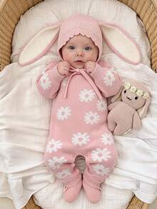 SHEIN Bộ romper dài tay in hoa cho bé gái sơ sinh, jumpsuit màu hồng, họa tiết toàn thân dễ thương, phù hợp cho nhiều dịp - Hồng - Xem 6