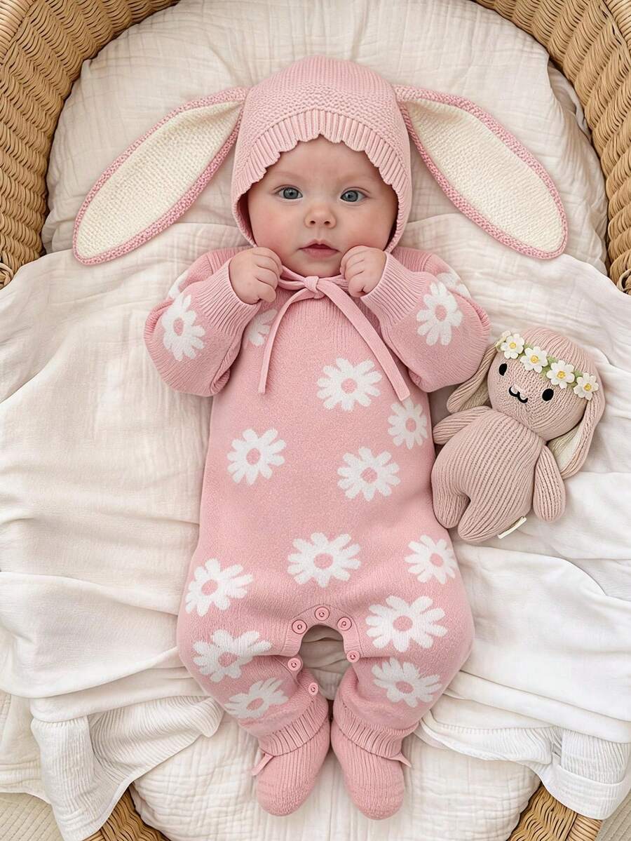 SHEIN Baby Girls' Newborn Floral Print Long Sleeve Romper, Pink Jumpsuit, Cute All-Over Pattern, Suitable For Various Occasions - Pink - View 1