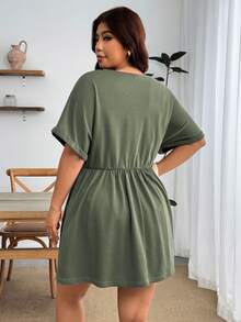 Enliva Plus Size Women's V-Neck Embroidered Casual Washed Short Sleeve Dress, Suitable For Daily, Commuting, And Vacation Wear - Multicolor - View 2
