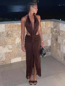 Lumalex Pastal Halter Cutout Maxi Dress Summer Holiday Party Vacation Golf Club Deep Plunge Neck Fringe Trim Slit Backless Bodycon Sexy Dark Brown - Coffee Brown - View 16