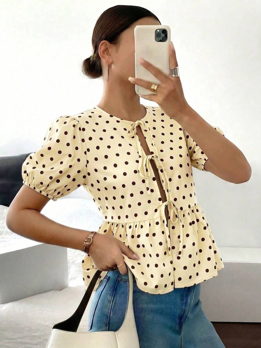 Siren Gaze Women's Black Polka Dot,Summer,Elegant,Brunch Shirt With Tie And Puff Sleeve,Cute Ruffle Hem V-Neck Blouse,Casual Animal Print Pattern,Short Sleeve - Apricot - View 1