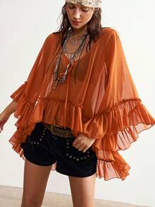 Bohemela Camisa holgada de mujer de unicolor con volantes en el bajo - Naranja - Ver 5