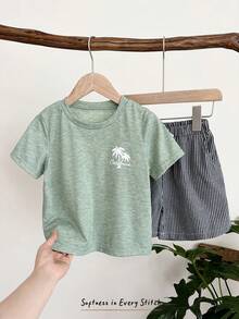 Cozy Pixies Young Boy Coconut Tree Pattern Knit Soft Crew Neck Short Sleeve Top And Elastic Waist Shorts 2 Piece Set - Multicolor - View 3