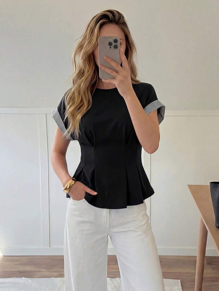 Easowa 女款圓領荷葉邊拼接對比條紋休閒寬鬆優雅通勤度假襯衫,春/夏 - 黑色 - 查看 1