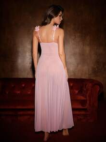 Bella Beso Vestido de noite longo com fenda de botão frontal de flor tridimensional de malha de emenda de renda de casamento + tanga 2 peças - Rosa - Ver 2