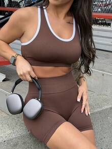 SAYEHFBABY 女士罗纹边饰露脐背心短裤套装 棕色运动文胸健身两件套 运动文胸短裤套装 两件套运动套装 两件套瑜伽套装 健身套装 - 咖啡棕 - 查看 5