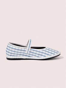 CUCCOO DOLLMOD Women's Shoes Blue Plaid Fashion Elegant Classic Comfortable Single Strap Mary Jane Flat Shoes - Blue - View 4