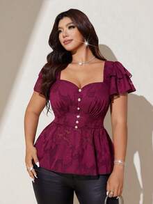 Viva Relle Vintage elegante Spitzenbluse in Weinrot für Damen in Große Größen, Bluse mit quadratischem Kragen und Rüschenärmeln, figurbetont. Geeignet für Dates, Arbeit, Retro-Stil und Treffen mit Freunden. Der weinrote Ton ist schmeichelhaft und elegant, das Spitzenmuster ist exquisit und strukturiert, die Rüschenärmel sind anmutig und schlankend. - Bordeaux - Übersicht 5