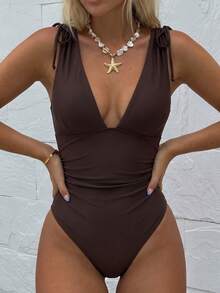 Swim Vcay 1pc Women's Drawstring Backless Deep V-Neck Wireless One-Piece Swimsuit - Coffee Brown - View 4