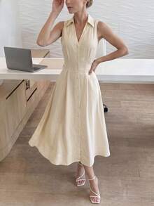 Easowa Women's Solid Color Sleeveless Summer Minimalist Frenchy Design Front Button Midi Dress Brunch White - Apricot - View 4