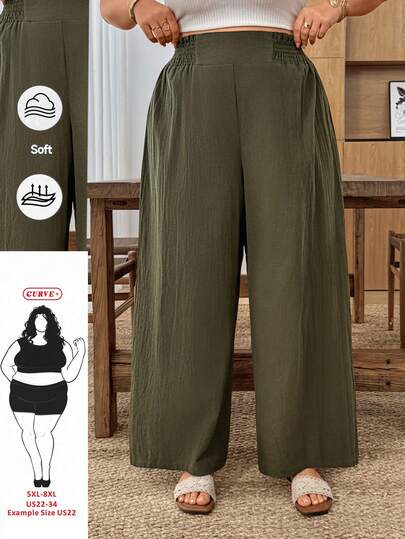 SHEIN CURVE+ Quần ống rộng size lớn, cạp cao, thun co giãn, vải nâng cấp mềm mại như cotton, màu xanh quân đội, phong cách thường ngày thoải mái cho xuân/hè, phù hợp đi tiệc, lễ hội âm nhạc, tựu trường, tốt nghiệp, đi làm, du lịch, streetwear, đám cưới, mặc nhà, mua sắm, dạo phố, đa dụng