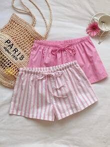 Comfortcana Women's Tie Waist Button Design Casual Cute Shorts Pink Stripe Summer Lounge - Pink - View 5
