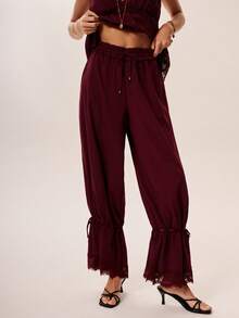 Willow Rêve Elegant Burgundy Lace Trim Drawstring Pants Vacation Holiday Summer Boho Style - Burgundy - View 5
