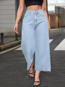 SHEIN ICON Jeans rectos de talle elástico con dobladillo deshilachado en gris claro para mujer de talla grande - Gris - Ver 5