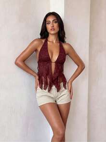 Glamine Sexy And Pure Burgundy Lace Camisole Crop Top - Ruffled Deep V-Neck Shirt, Perfect For Holidays And Beach Vacations - Red - View 3