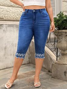 Breezaya Plus Size Women's Spring/Summer Vacation Embroidered 3/4 Length Jeans - Medium Wash - View 1