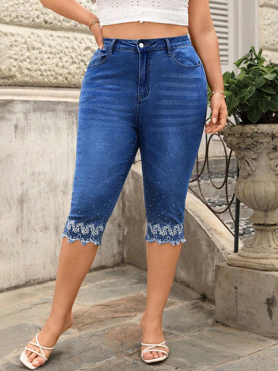 Breezaya Plus Size Women's Spring/Summer Vacation Embroidered 3/4 Length Jeans - Medium Wash - View 1