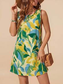 Travachic Robe droite à col rond sans manches avec imprimé tropical de vacances - Multicolore - Voir 3