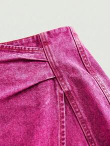 SHEIN MOD Women's Summer Casual Daily Commute Washed Pleated Denim Skirt - Pink - View 4