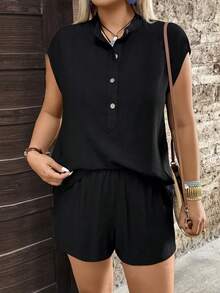 GlowEve CURVE 2pcs Plus Size Women Button Short Sleeve Top And Casual Shorts Set Gym Brown Summer - Black - View 4
