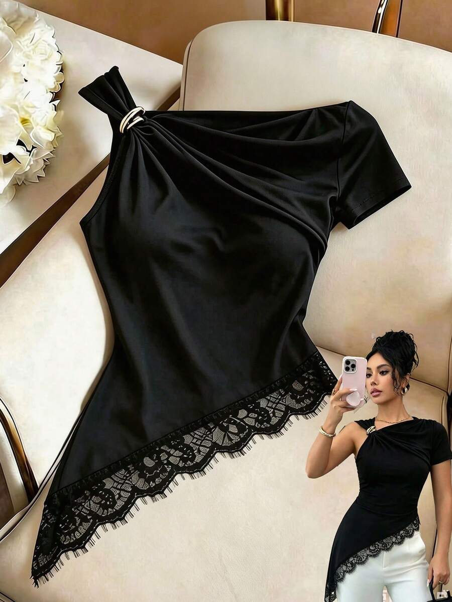 GlowEve Women's Black Summer Elegent Night Out Asymmetric Neckline Rose Gold Metal Button Irregular Hem Stitching Lace Short Sleeve T-Shirt Everyday Casual - Black - View 1
