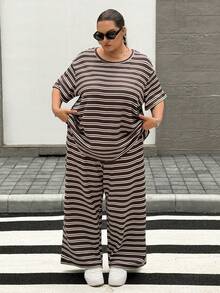 SHEIN CURVE+ Plus Size Brown Striped T-Shirt And Pants Casual 2 Pieces Set, Summer - Multicolor - View 1