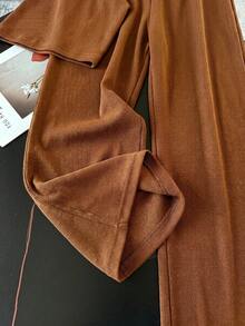 SHEIN 2件套少女针织纯色圆领修身休闲T恤和打底裤套装 - 咖啡棕 - 查看 3