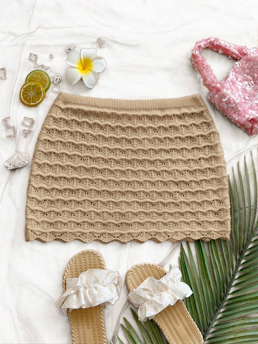 Soleia Women's Summer Vacation Hollow-Out Knit Cover Up & Skirt Set - Khaki - View 1