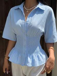 SHEIN EZwear Women's Light Blue Ruffle Button Down Shirt With Ruffle Hem,Summer Top - Baby Blue - View 7