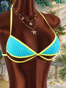 Amplova Women's Contrast Color Trim Swimwear Set, Tropical And Avant-Garde, Suitable For Holiday Wear Beach Vacation Blue Summer - Multicolor - View 9