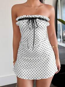 leahseptember Women's Contrast Color Polka Dot Print Strapless Mini Dress Elegant - Apricot - View 4