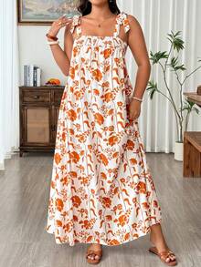 SHEIN Clasi Plus Size Women's Brown Summer Boho Tea Party Holiday Elegant Digital Printing Spaghetti Strap Tie-Up A-Line Midi Dress Vacation Daily - Burnt Orange - View 6
