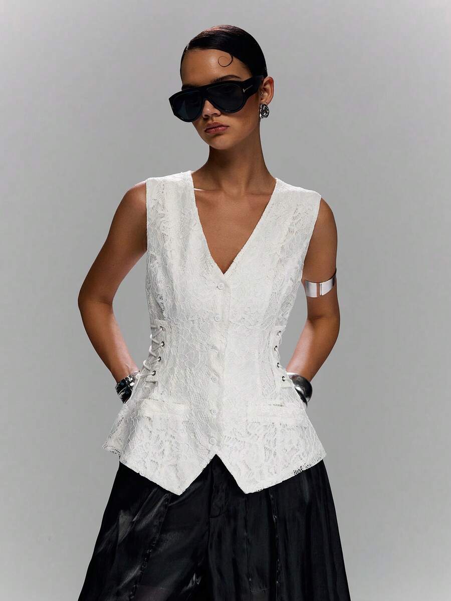 LYSMO Áo blazer mỏng không tay màu trơn phong cách tối giản cho nữ, mặc thường ngày thoải mái - trắng - Xem 1