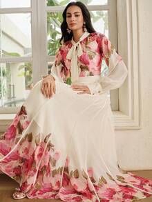 Anewsta Đầm chiffon in hoa thanh lịch mới, cổ nơ, thích hợp dự tiệc cho nữ. - Màu be - Xem 1