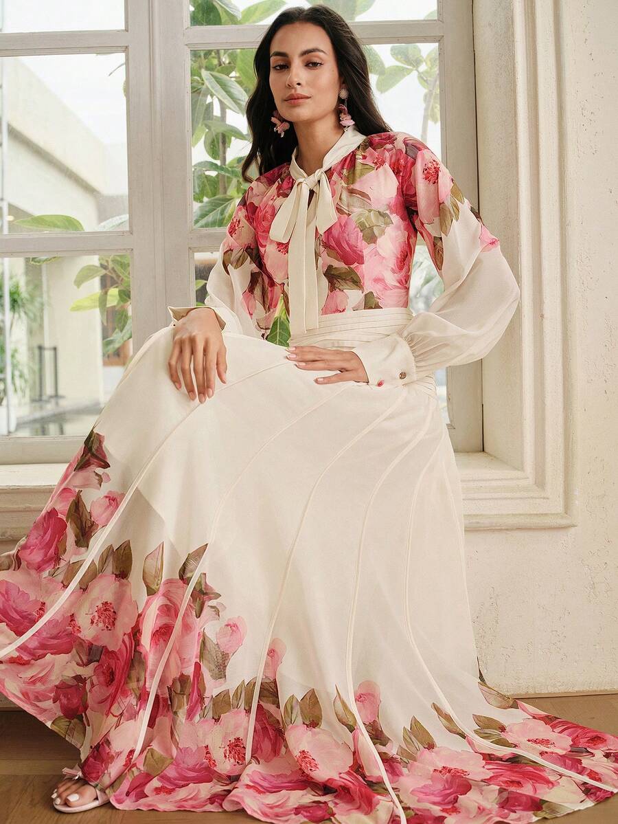 Anewsta Đầm chiffon in hoa thanh lịch mới, cổ nơ, thích hợp dự tiệc cho nữ. - Màu be - Xem 1