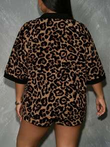 Slaydiva Plus Size Women's Casual Vintage Leopard Print 2 Pieces Set, Suitable For Summer Music Festivals - Multicolor - View 2