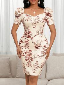 SHEIN Lady Women's Fashionable Elegant Sweetheart Collar Floral Print Petal Sleeve Short Dress Party Garden Party Summer Beige Vacation Outfits - Multicolor - View 4