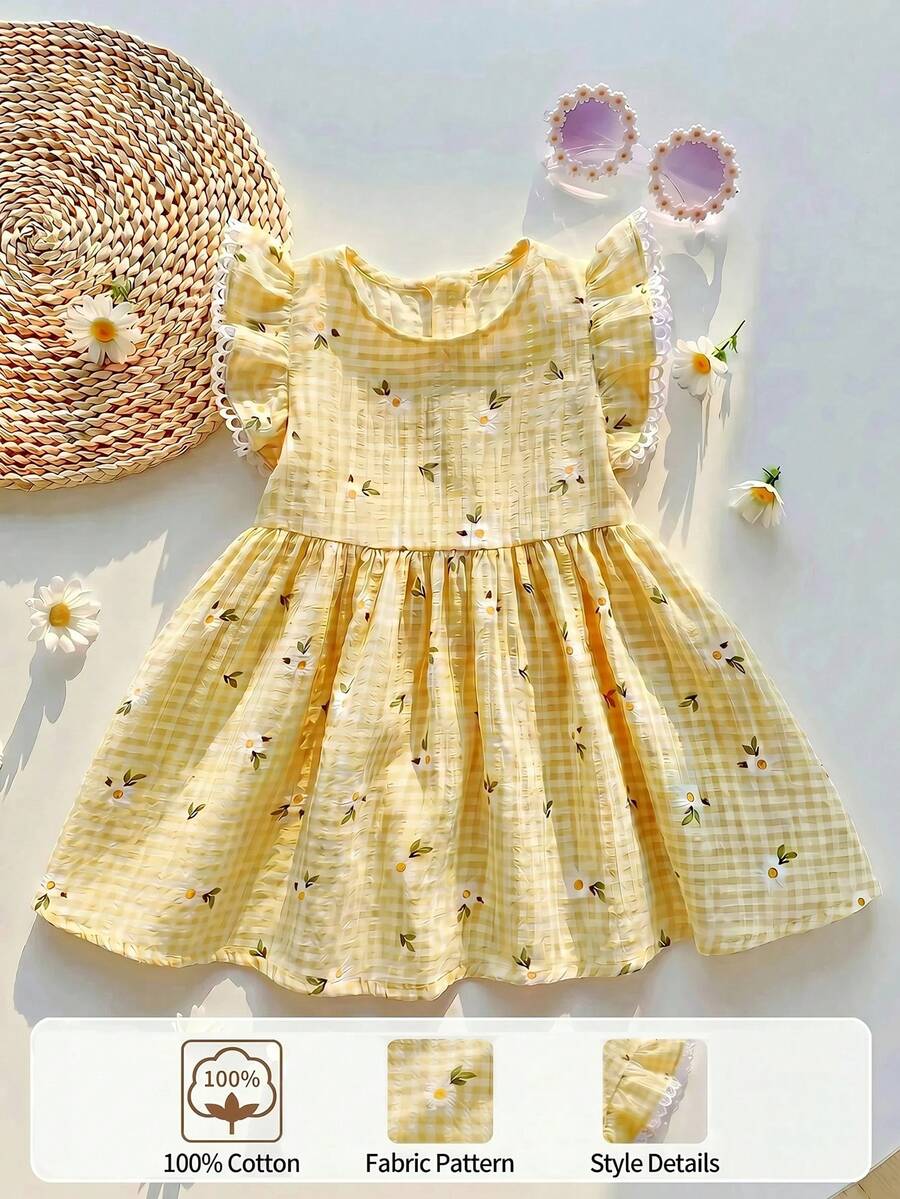 Baby Girl Floral & Plaid Pattern Ruffle Hem Casual Vacation Dress, Summer - Yellow - View 1