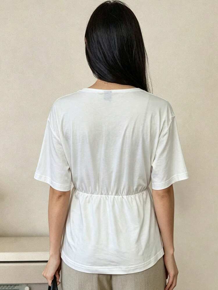 Women's Loose Waist Tie Cinched Waist Casual T-Shirt, White Street Style Lightweight Commuter Design, Spring & Summer Business Casual Woman